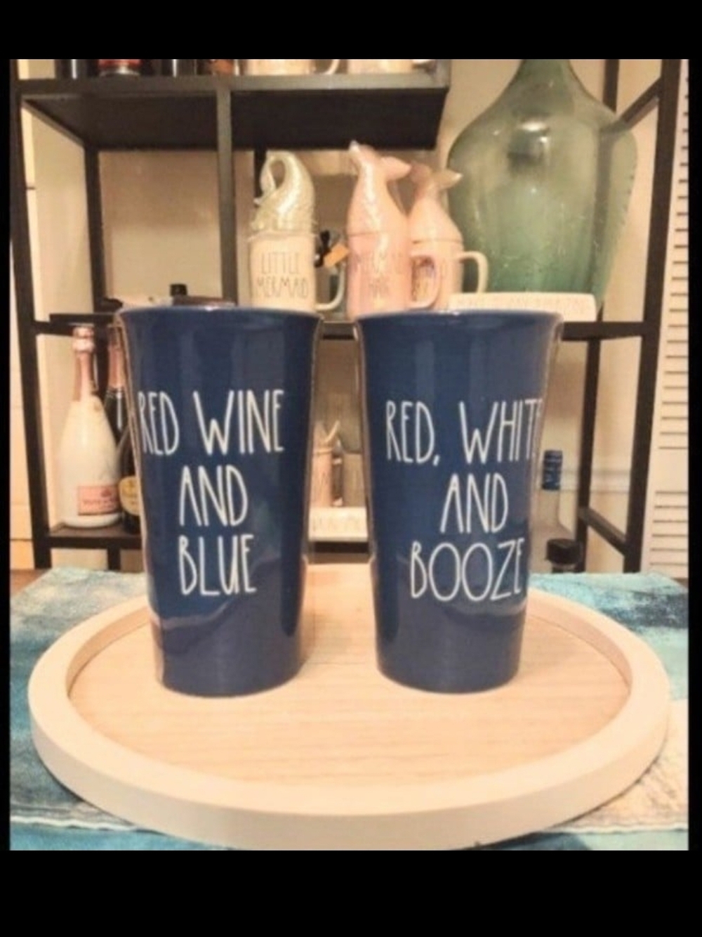 Rae Dunn 2pc Blue Ceramic Tumblers - Red, White and Booze / Red Wine and Blue